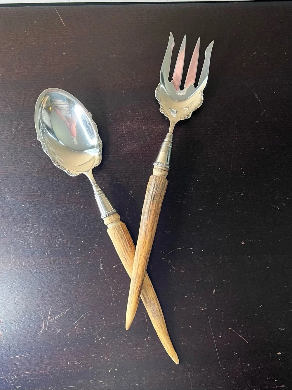 Antique Stag Horn Handle Serving Set Silver Plate Salad Fork Spoon Rustic Lodge